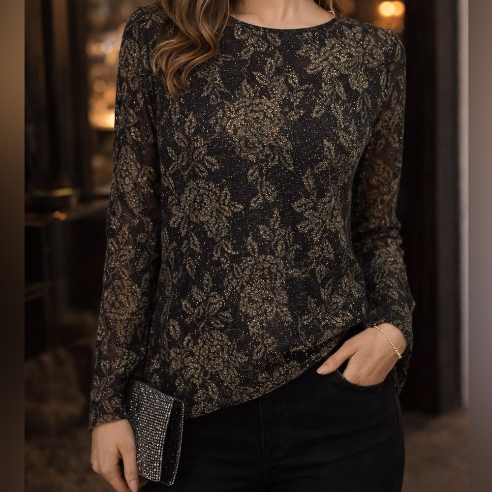 White Stag Black Gold Floral Shimmer Top Size M | Sheer Sleeve Dressy Evening